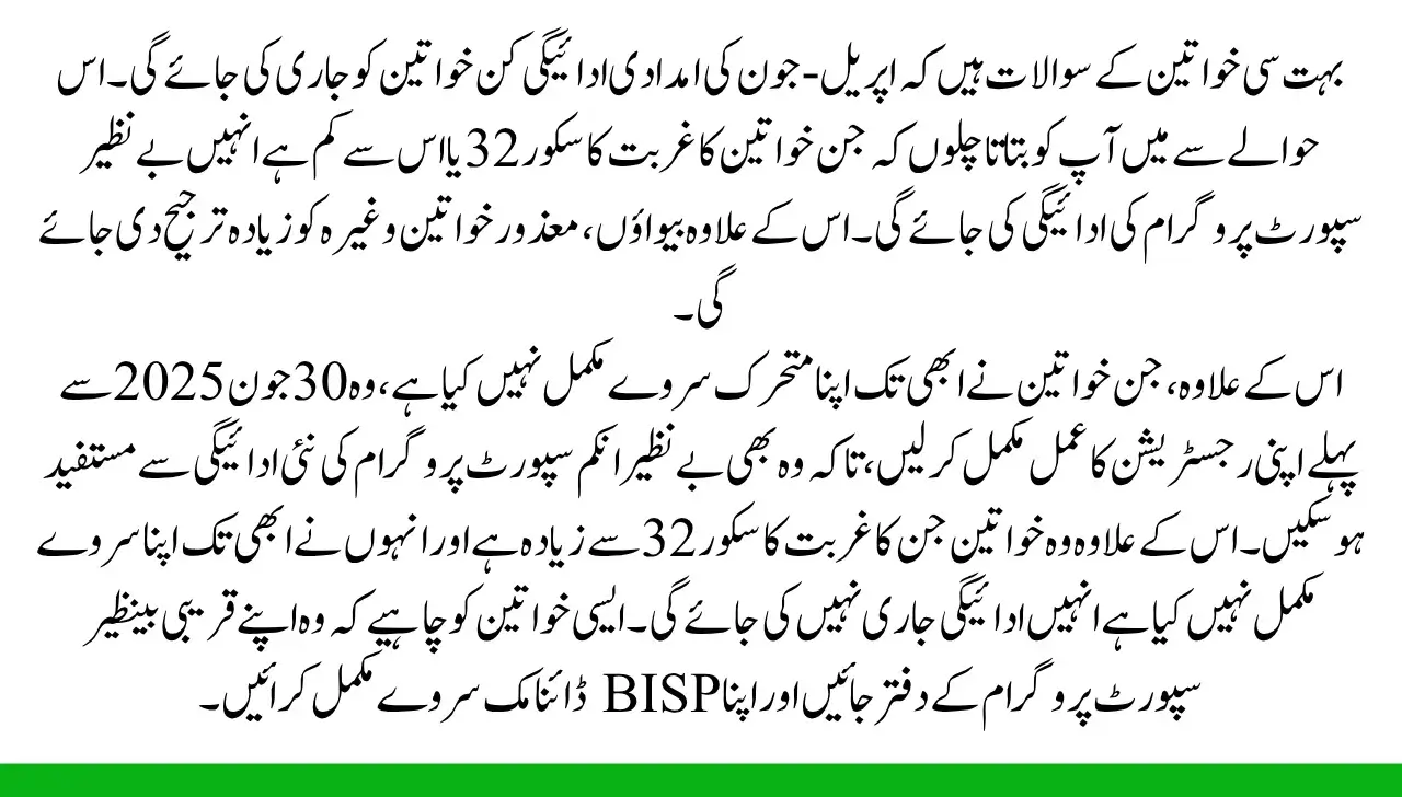 Which Women will receive the Benazir Kafalat Program April to June Payment